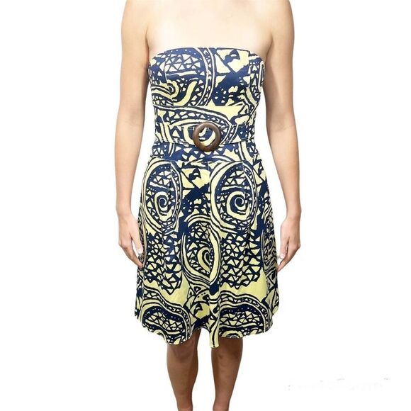 Kay Unger Women's Size 12 NWT  Yellow Blue Pattern Strapless Retro Mini Dress - Picture 2 of 13